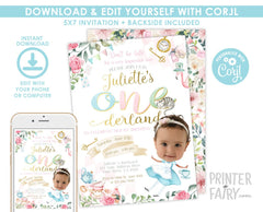Alice in Onederland Birthday Invitation with Photo, Editable (Instant Download)