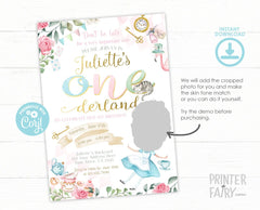 Alice in Onederland Birthday Invitation with Photo, Editable (Instant Download)