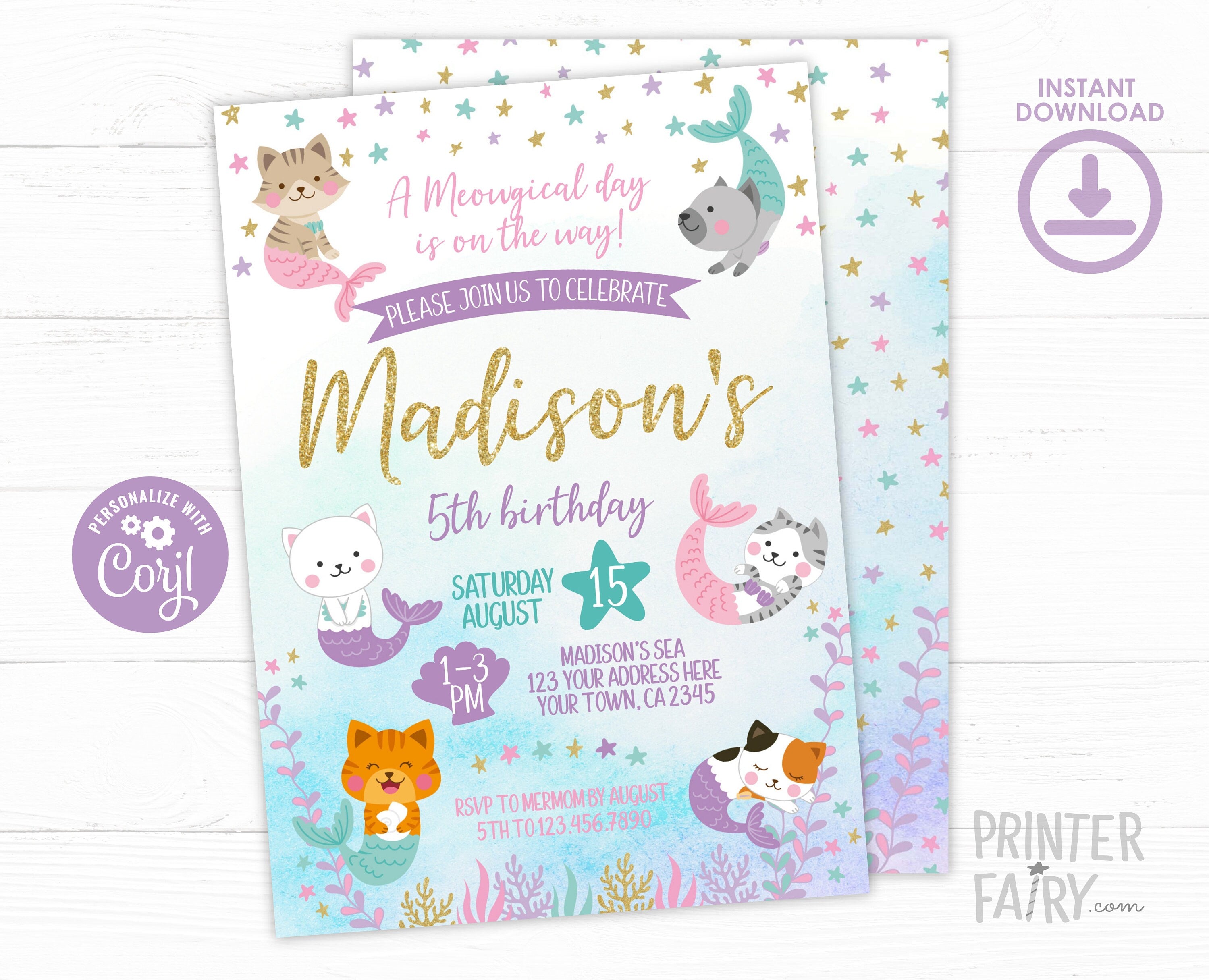 Meowmaid Birthday Invitation, Editable Mercat Kitty Party (Digital Download)