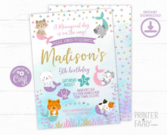 Meowmaid Birthday Invitation, Editable Mercat Kitty Party (Digital Download)