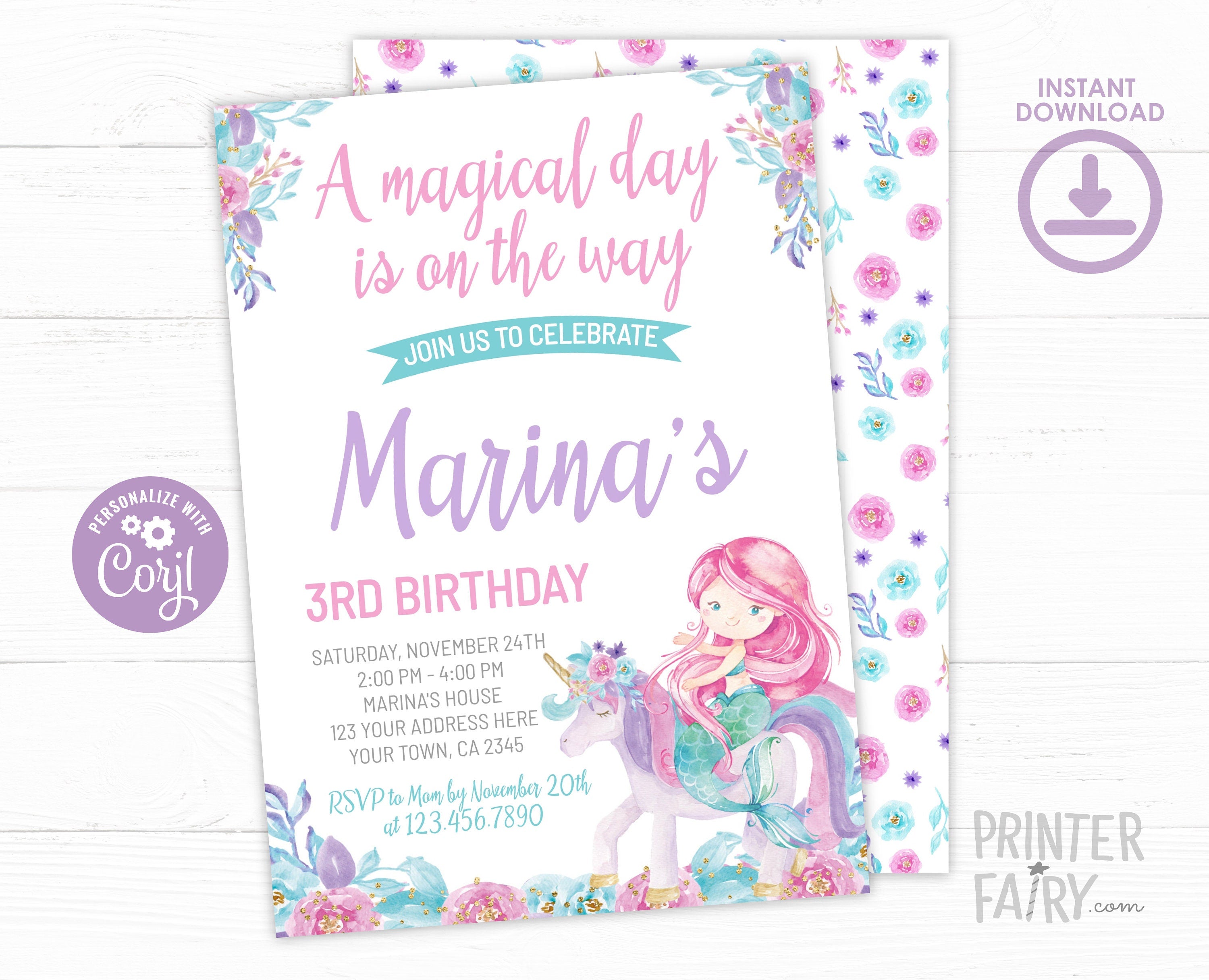 Unicorn Mermaid Birthday Invitation, Editable Floral Party (Instant Download)