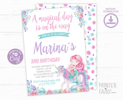 Unicorn Mermaid Birthday Invitation, Editable Floral Party (Instant Download)