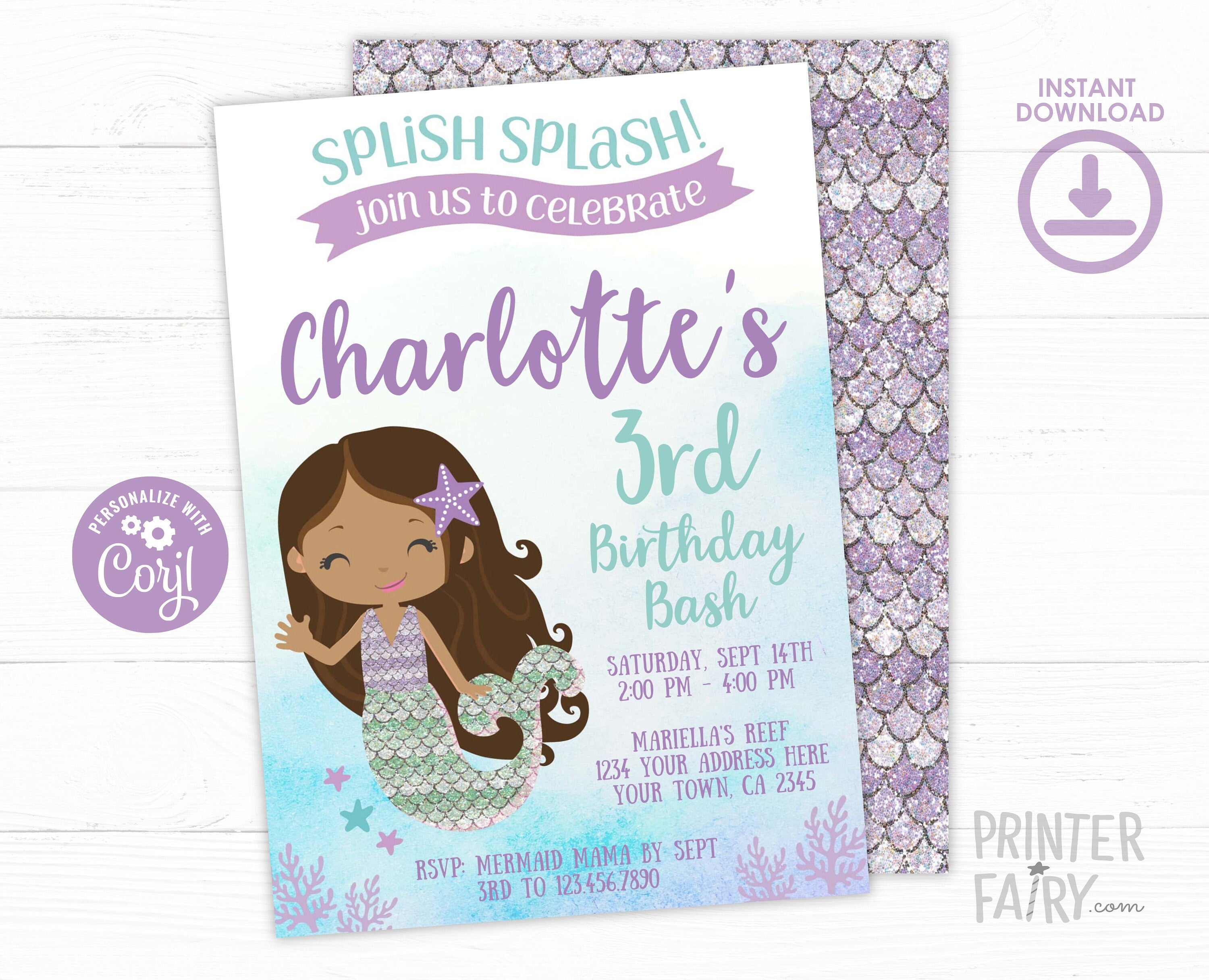 Editable Mermaid Birthday Invitation, Under the Sea Party (Digital Invitation)