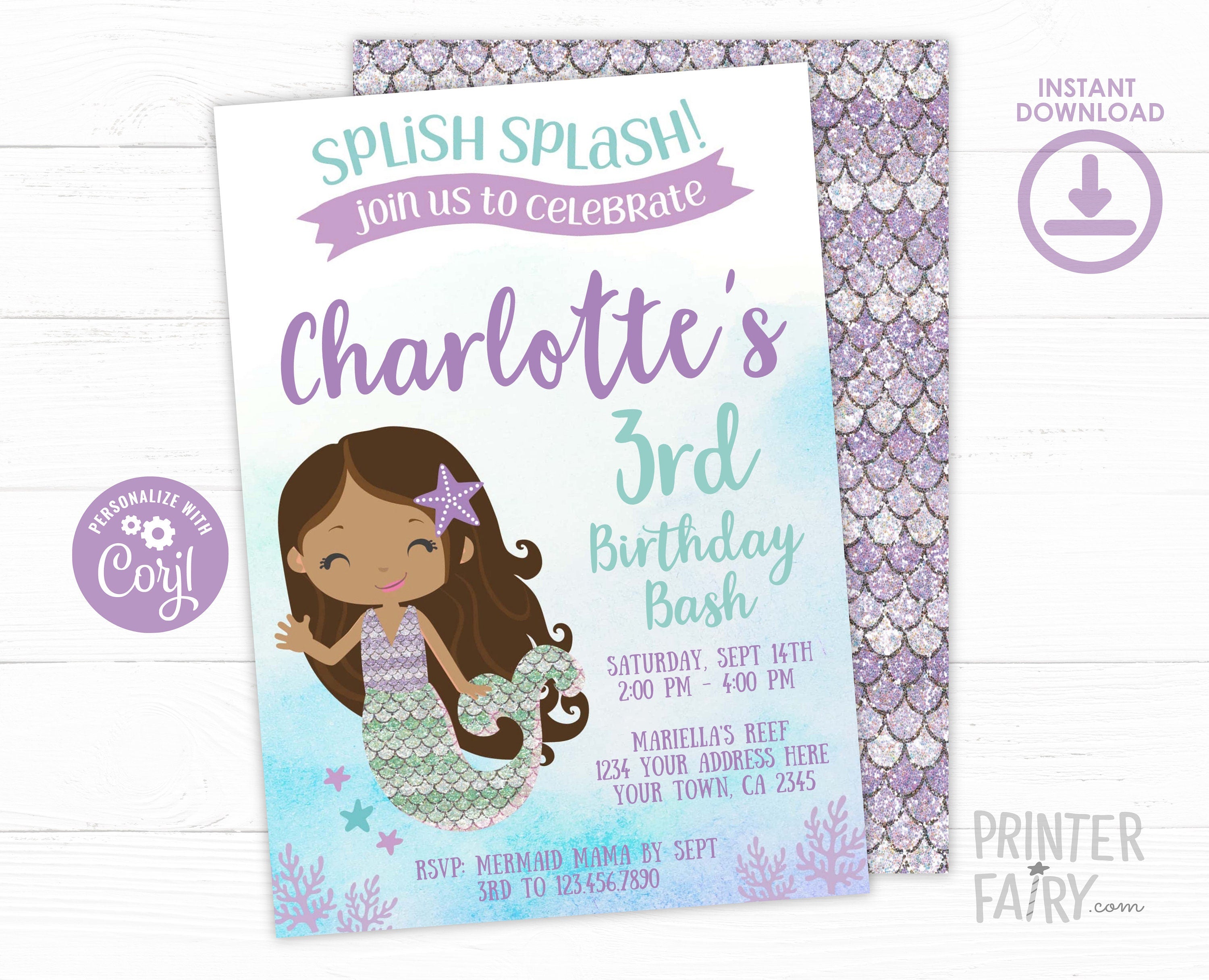 Editable Mermaid Birthday Invitation, Under the Sea Party (Digital Invitation)