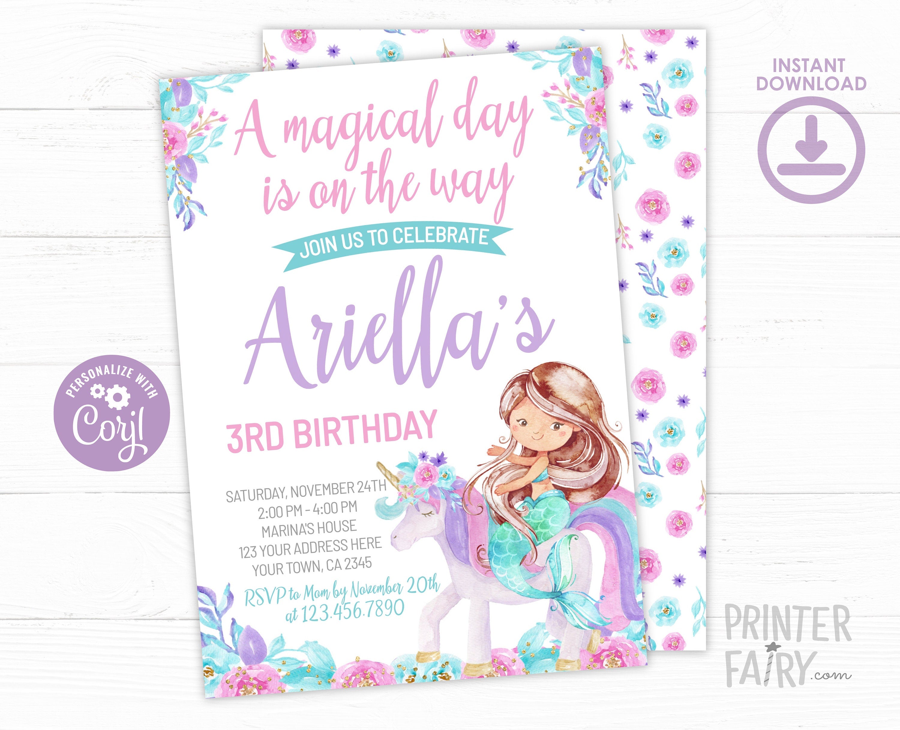 Unicorn Mermaid Birthday Invitation, Magical Floral Party (EDITABLE, INSTANT DOWNLOAD)