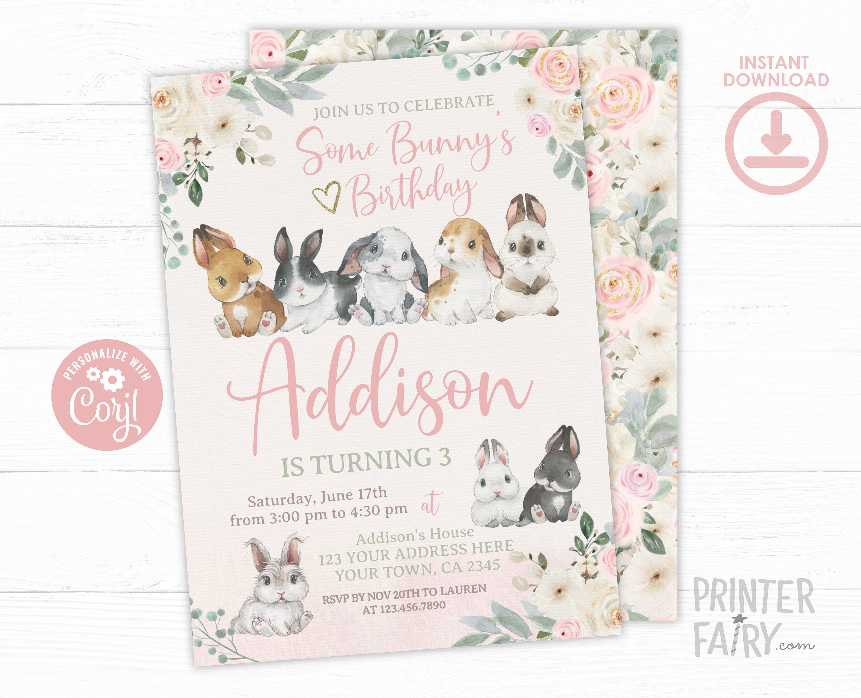 Bunny Birthday Party Invitation Editable Template for any age, edit all the wording, INSTANT DOWNLOAD