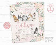 Bunny Birthday Party Invitation Editable Template for any age, edit all the wording, INSTANT DOWNLOAD