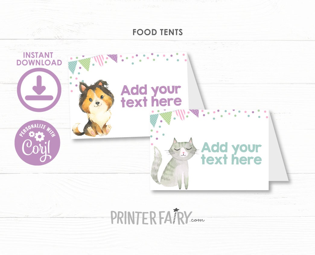 Puppies and Kitties Birthday Party Food Tents Editable Templates, Instant Download