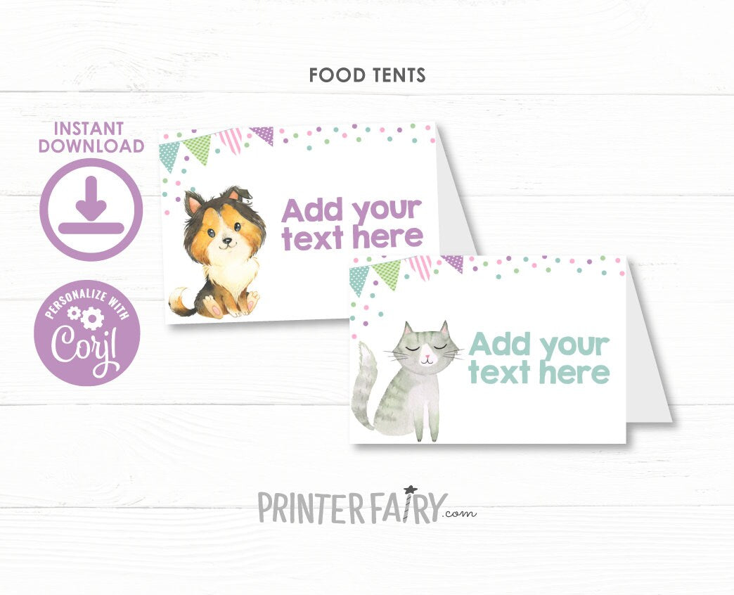 Puppies and Kitties Birthday Party Food Tents Editable Templates, Instant Download