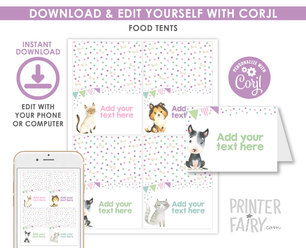 Puppies and Kitties Birthday Party Food Tents Editable Templates, Instant Download