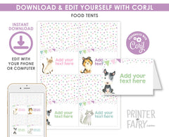 Puppies and Kitties Birthday Party Food Tents Editable Templates, Instant Download