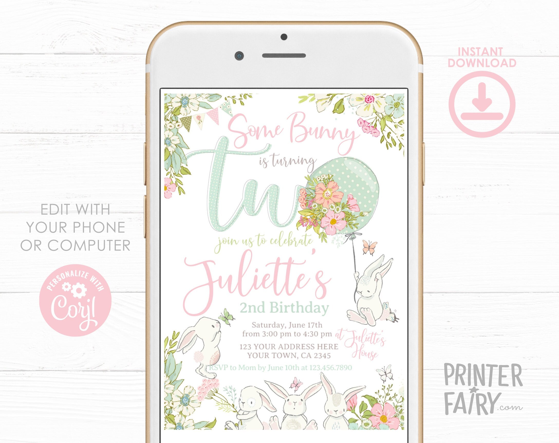 Bunny 2nd Birthday Invitation, Some Bunny is Two Party Invite (Digital Download)