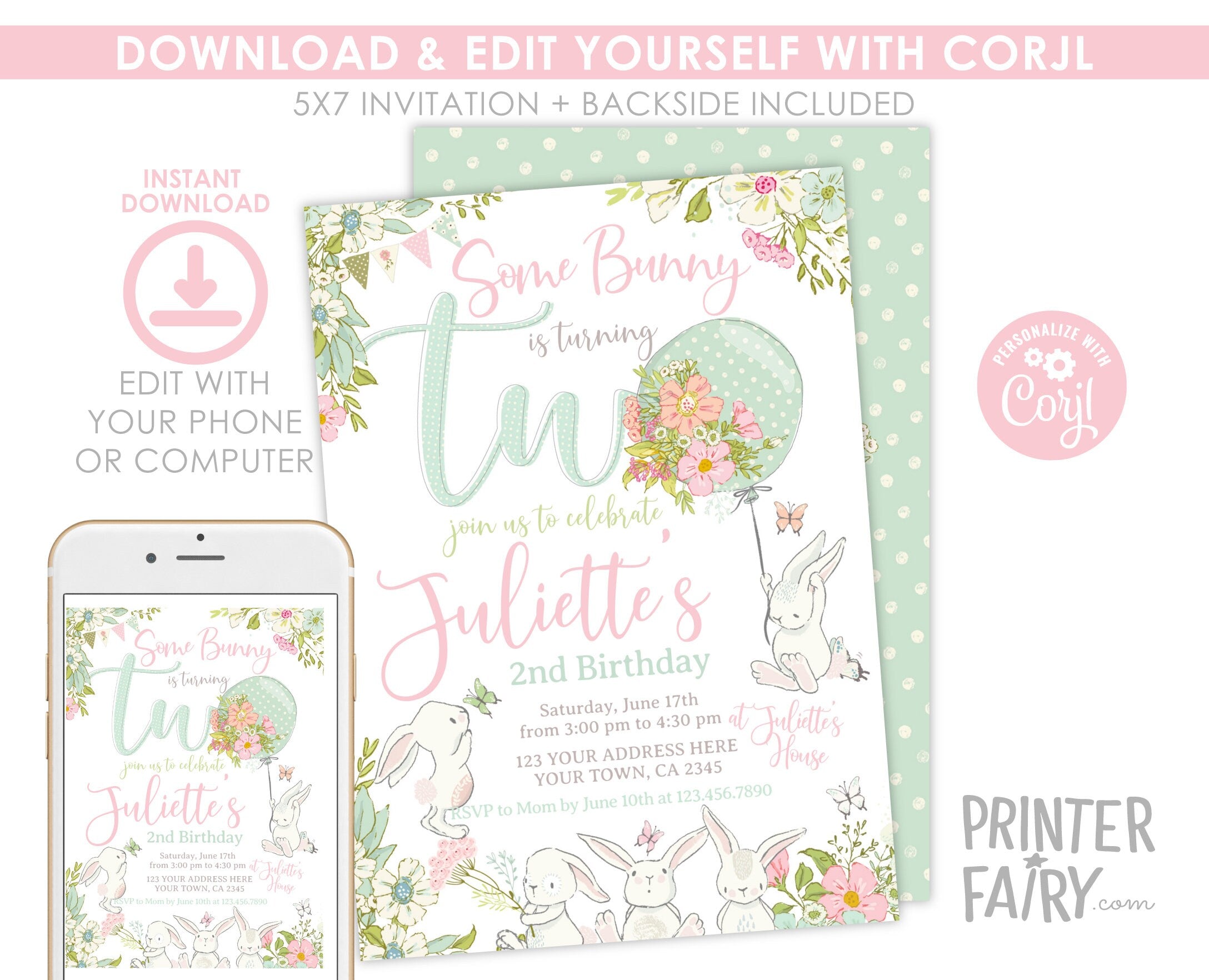 Bunny 2nd Birthday Invitation, Some Bunny is Two Party Invite (Digital Download)