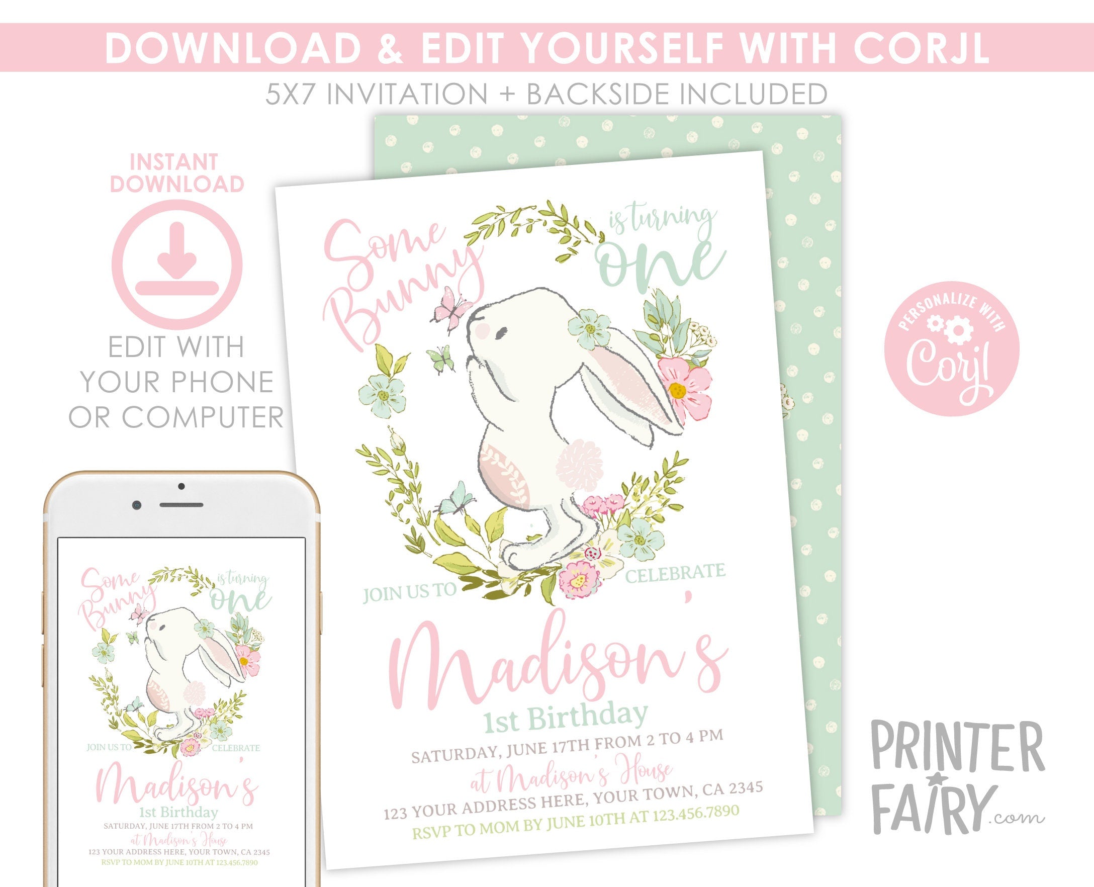 Bunny Editable Invitation Template Editable for Any Age, Spring Easter Party, INSTANT DOWNLOAD