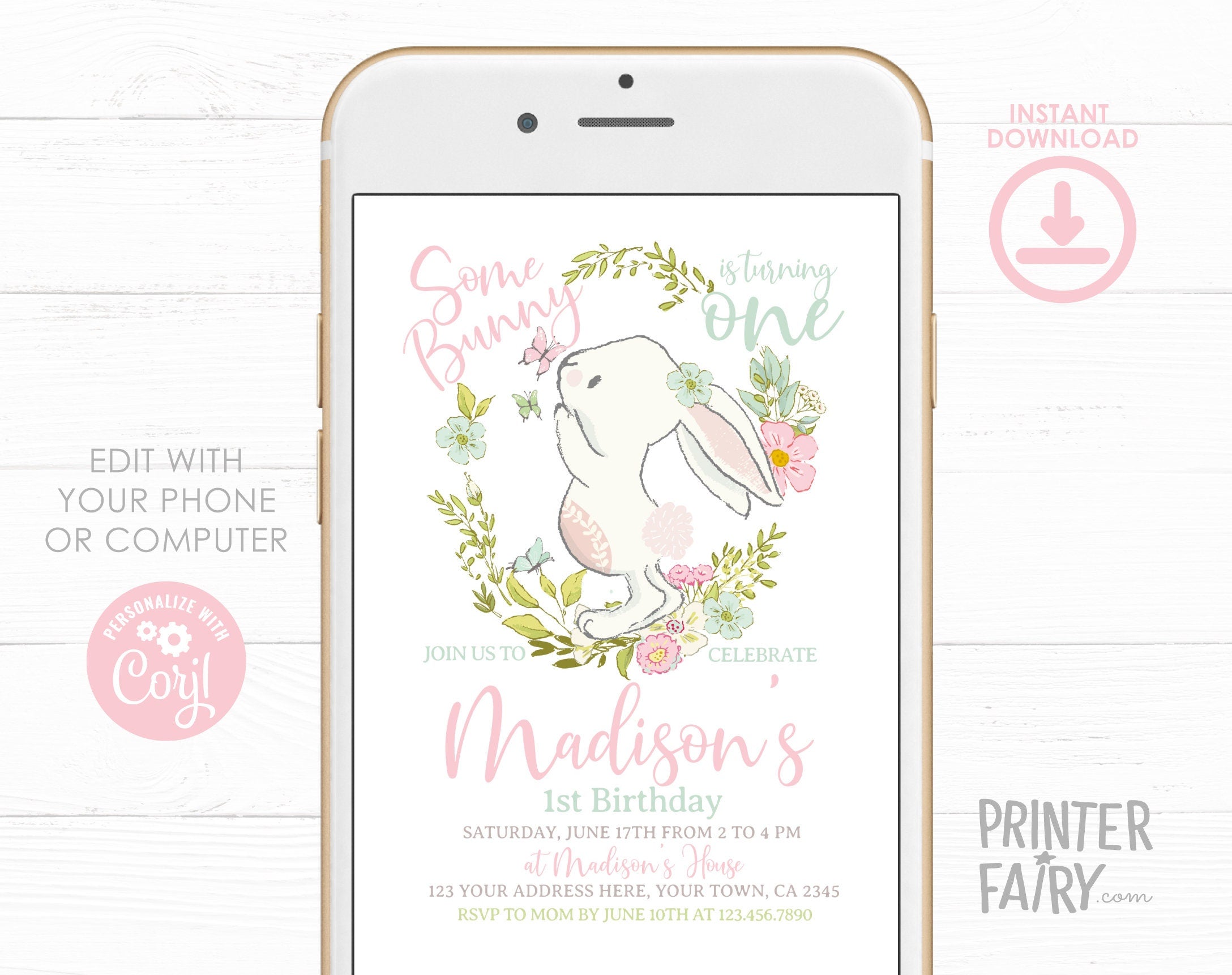 Bunny Editable Invitation Template Editable for Any Age, Spring Easter Party, INSTANT DOWNLOAD
