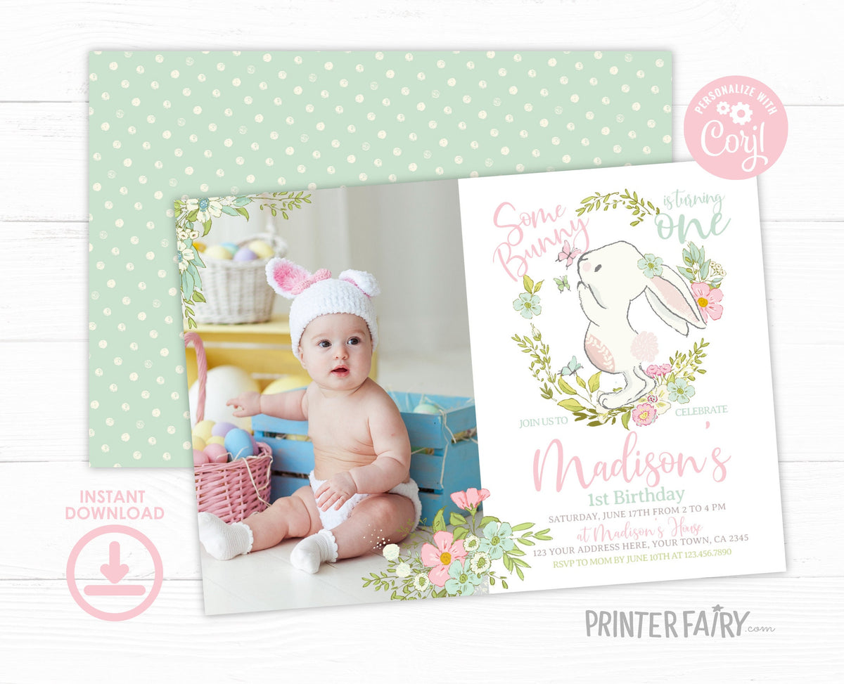 Some Bunny 1st Birthday Invitation, Photo, Spring Easter (INSTANT DOWNLOAD)