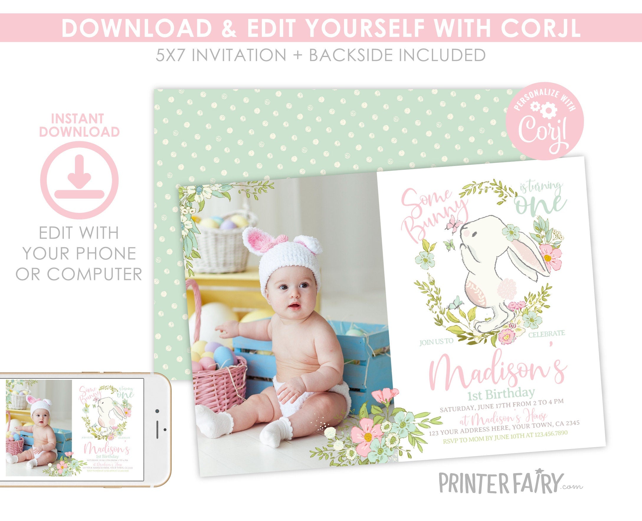 Some Bunny 1st Birthday Invitation, Photo, Spring Easter (INSTANT DOWNLOAD)