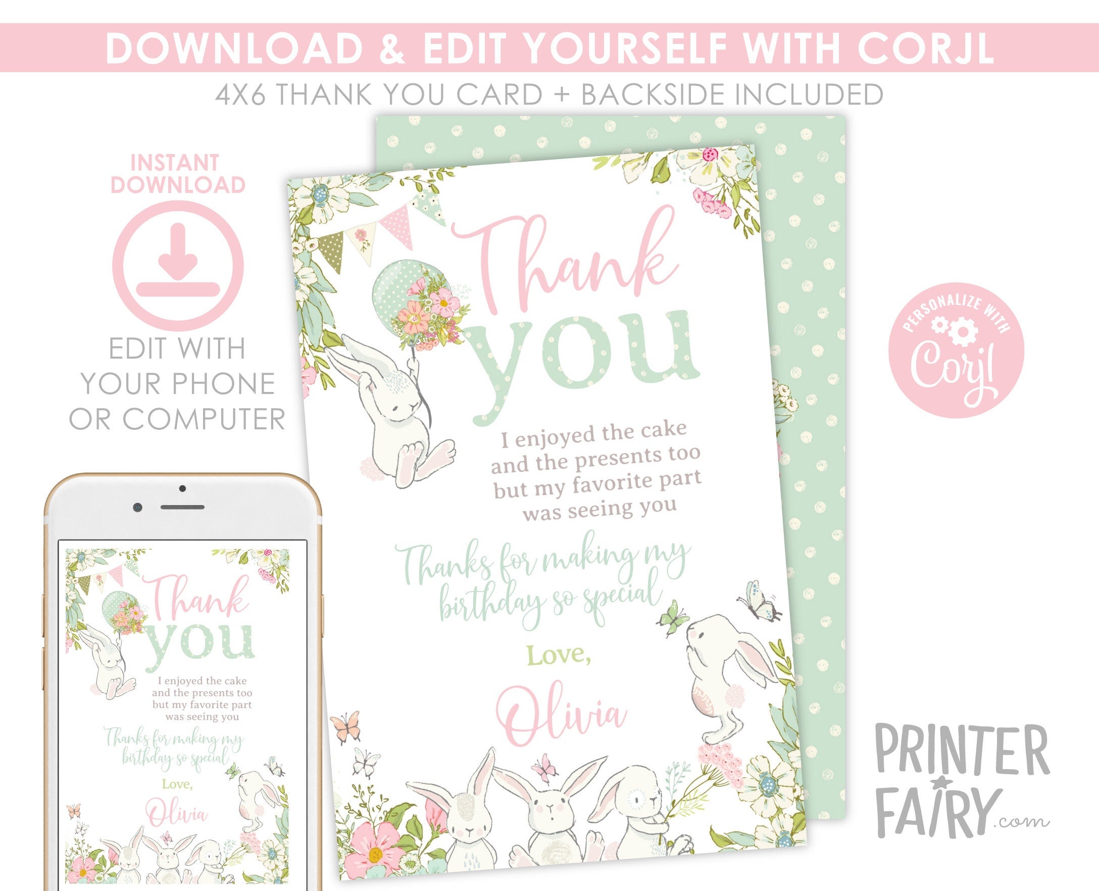 Bunny Thank You Card EDITABLE Template, Garden Party Card, INSTANT DOWNLOAD