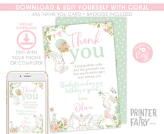 Bunny Thank You Card EDITABLE Template, Garden Party Card, INSTANT DOWNLOAD
