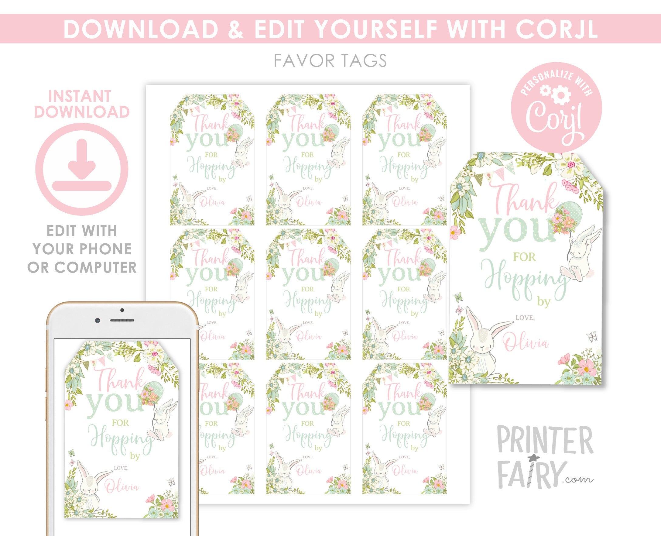Bunny Favor Tag Editable Template, Add Your Own Text for Any Event INSTANT DOWNLOAD