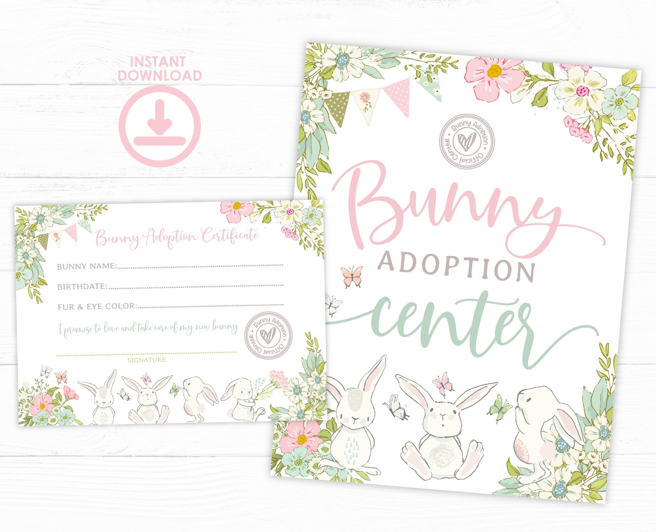Bunny Adoption Party Sign and Certificate Ready to Print, INSTANT DOWNLOAD