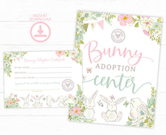 Bunny Adoption Party Sign and Certificate Ready to Print, INSTANT DOWNLOAD