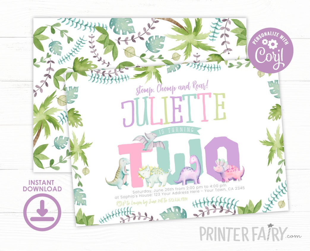 Dinosaur Girl 2nd Birthday Invitation, Stomp Chomp Roar, EDITABLE (Instant Download)