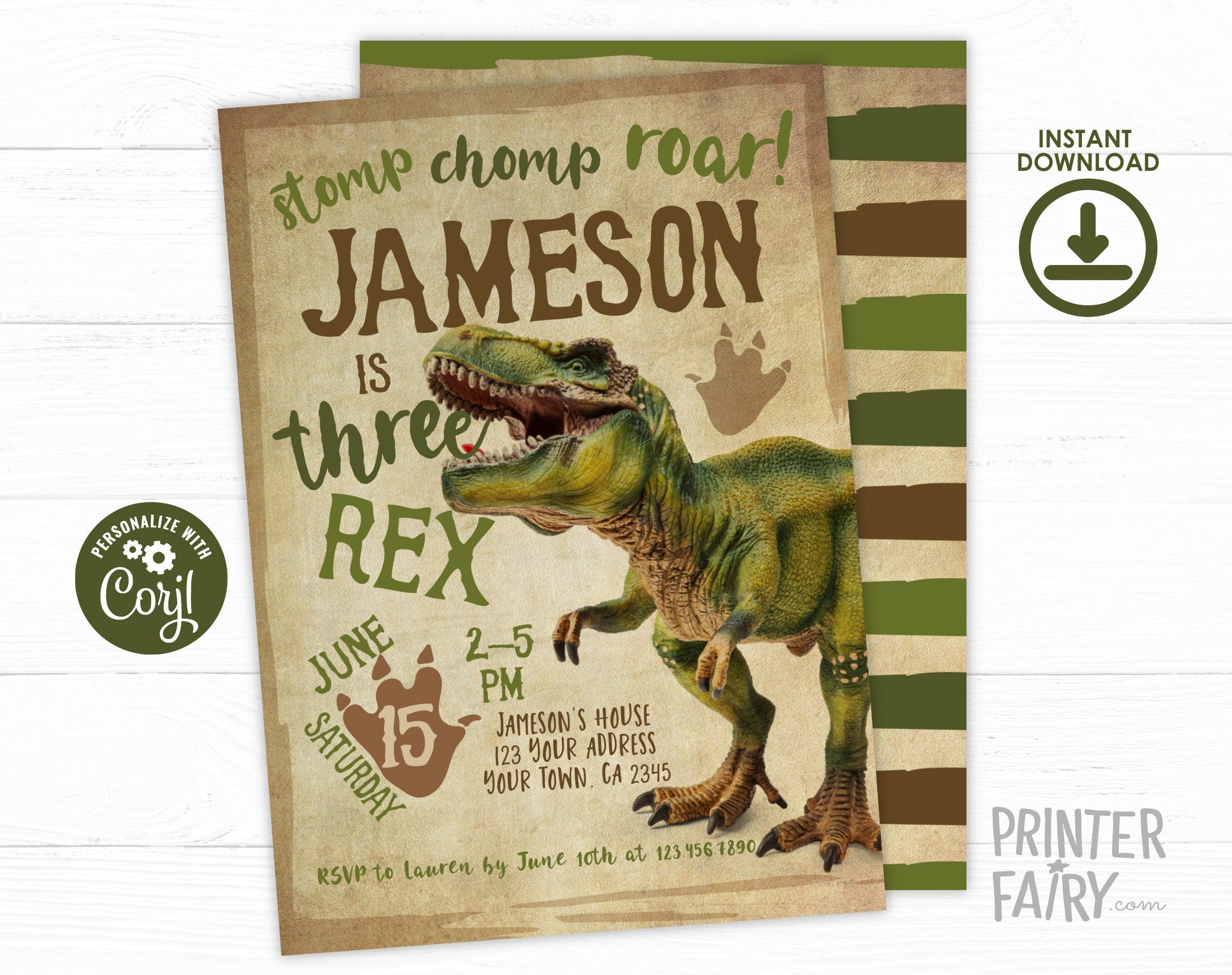 Three Rex Dinosaur Birthday Invitation, EDITABLE (Digital Download)