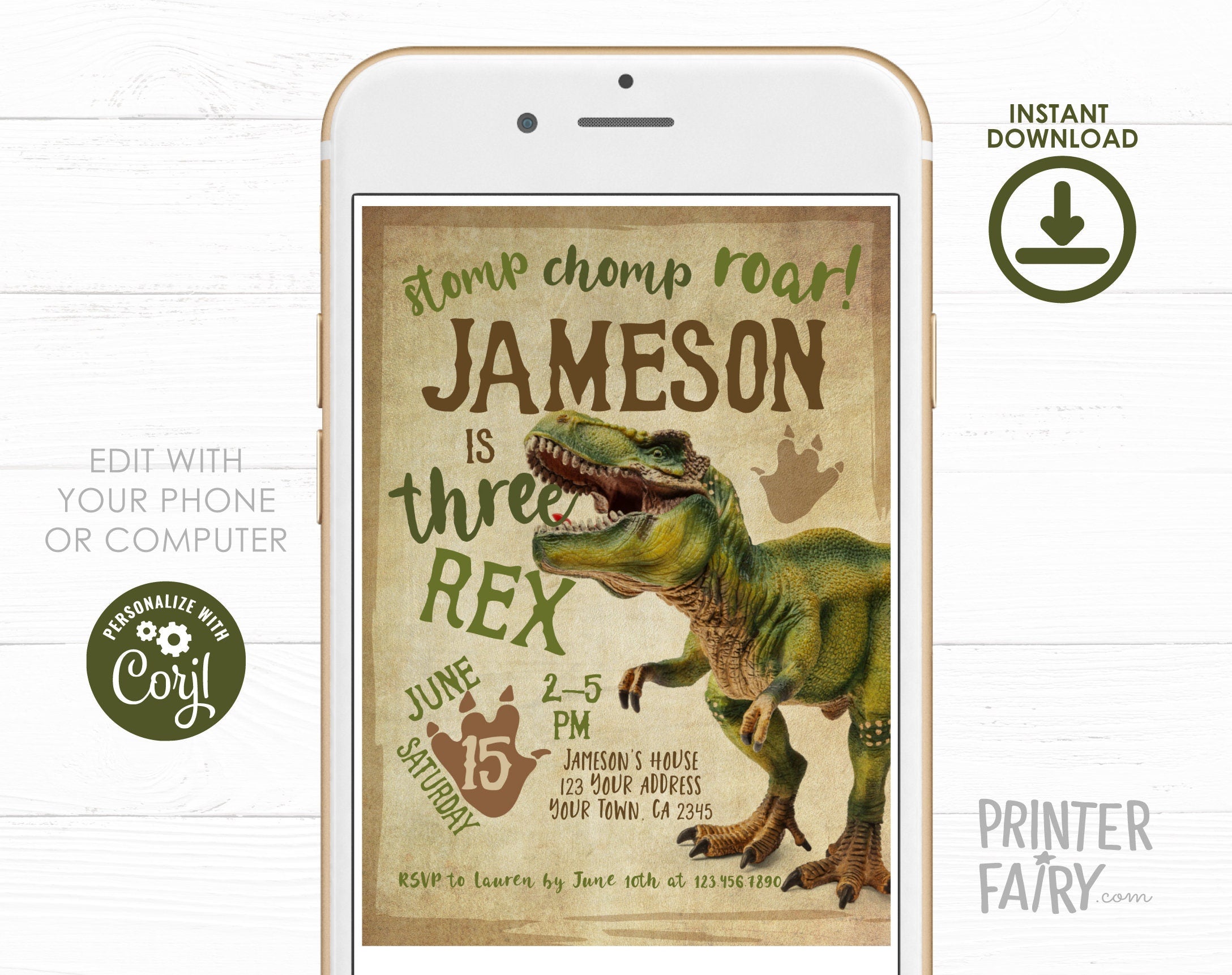 Three Rex Dinosaur Birthday Invitation, EDITABLE (Digital Download)