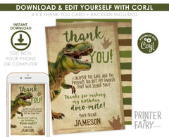 Editable T-Rex Dinosaur Thank You Card (Instant Download)