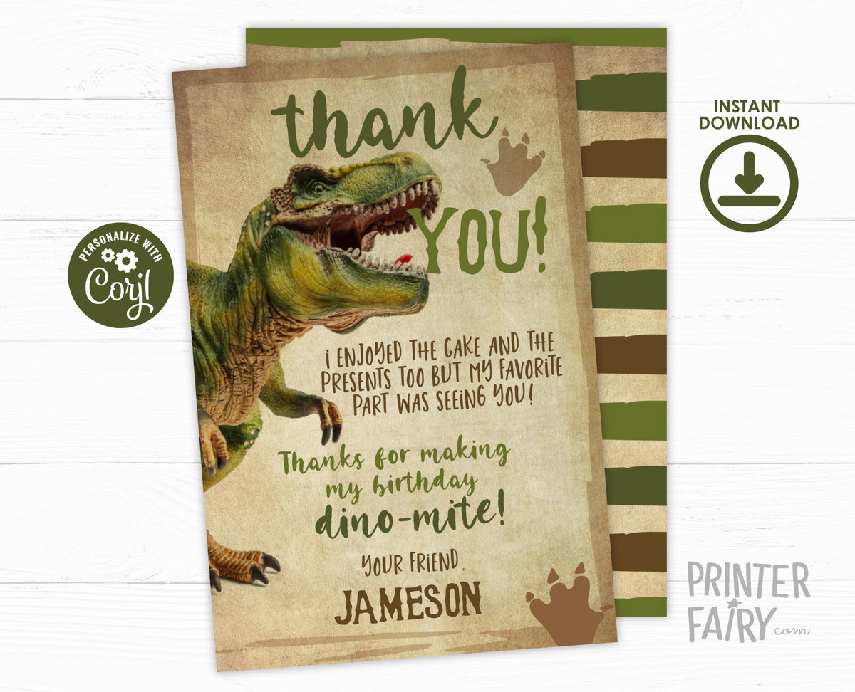 Editable T-Rex Dinosaur Thank You Card (Instant Download)