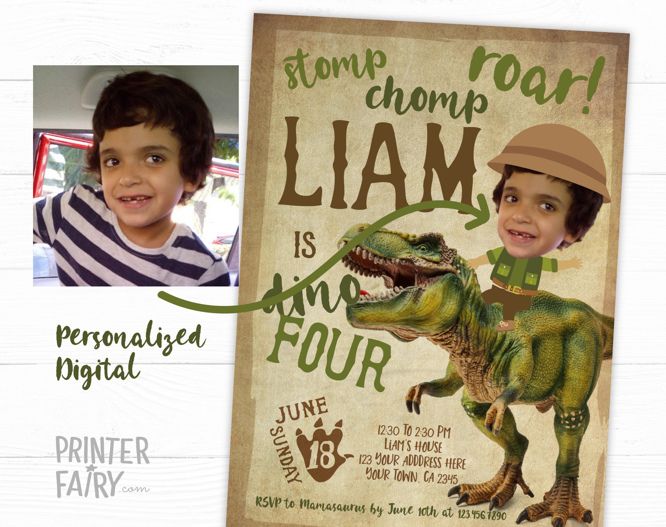 Personalized Dinosaur Birthday Invitation with Photo (Digital Invitation)