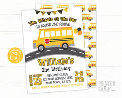 Wheels on the Bus Birthday Invitation, Editable Yellow Bus (Digital Download)