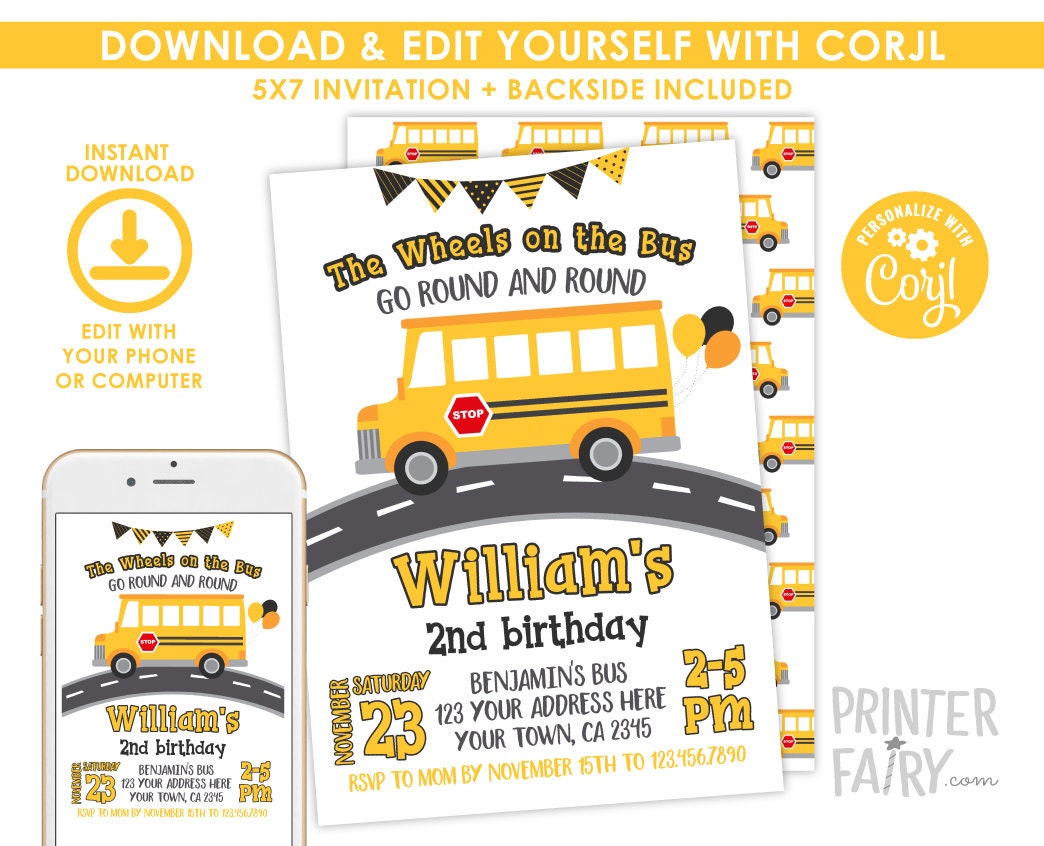 Wheels on the Bus Birthday Invitation, Editable Yellow Bus (Digital Download)