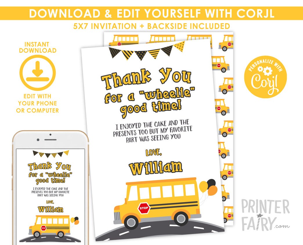 Wheels on the Bus Thank You Card, School Bus Note (Digital Download)