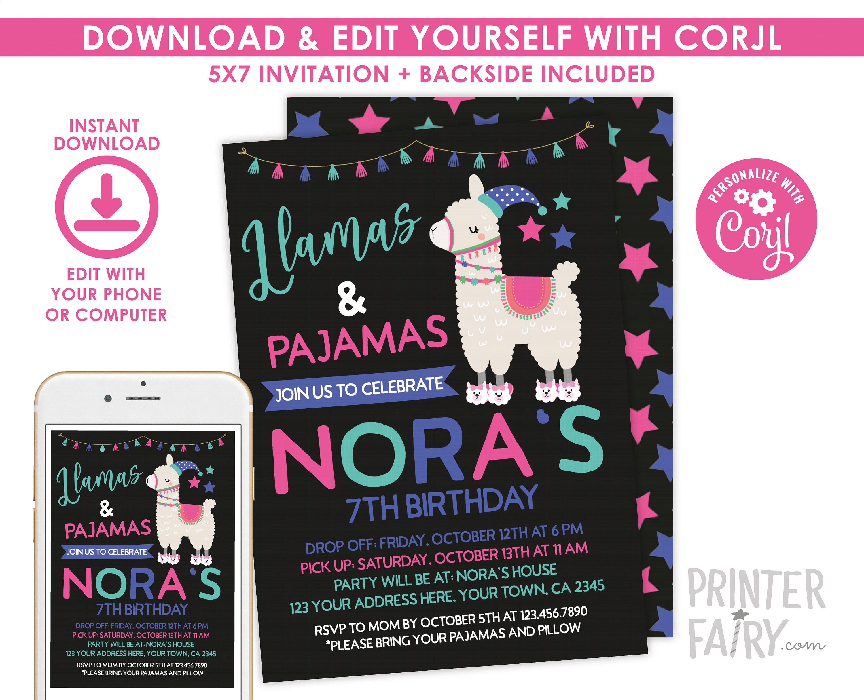 Llamas and Pajamas Birthday Invitation, Sleepover Party (Digital Download)