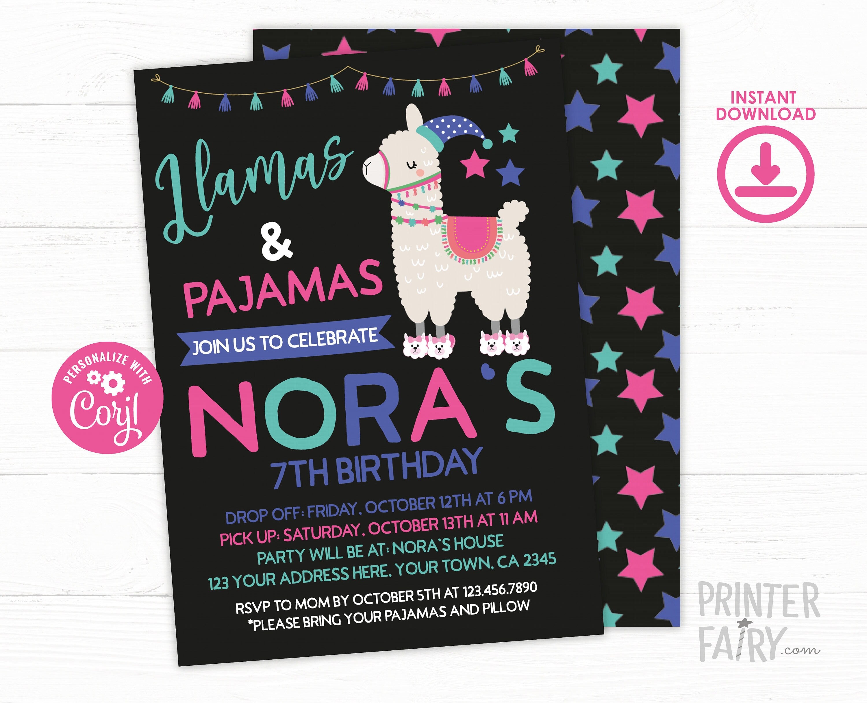 Llamas and Pajamas Birthday Invitation, Sleepover Party (Digital Download)