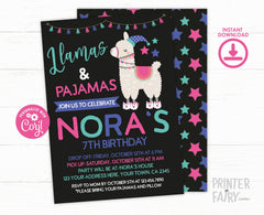 Llamas and Pajamas Birthday Invitation, Sleepover Party (Digital Download)
