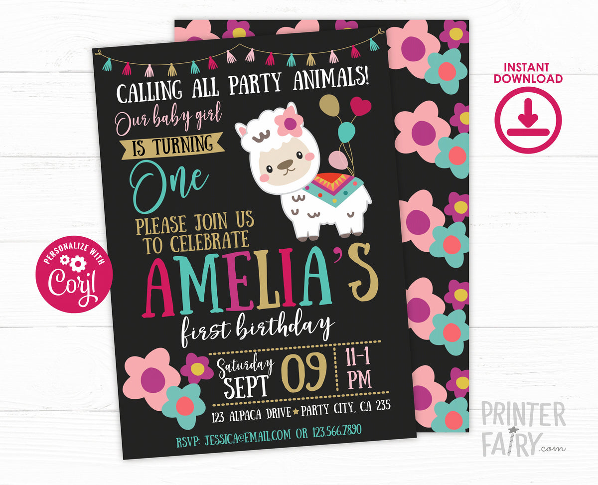 Llama First Birthday Invitation, EDITABLE (Instant Download)