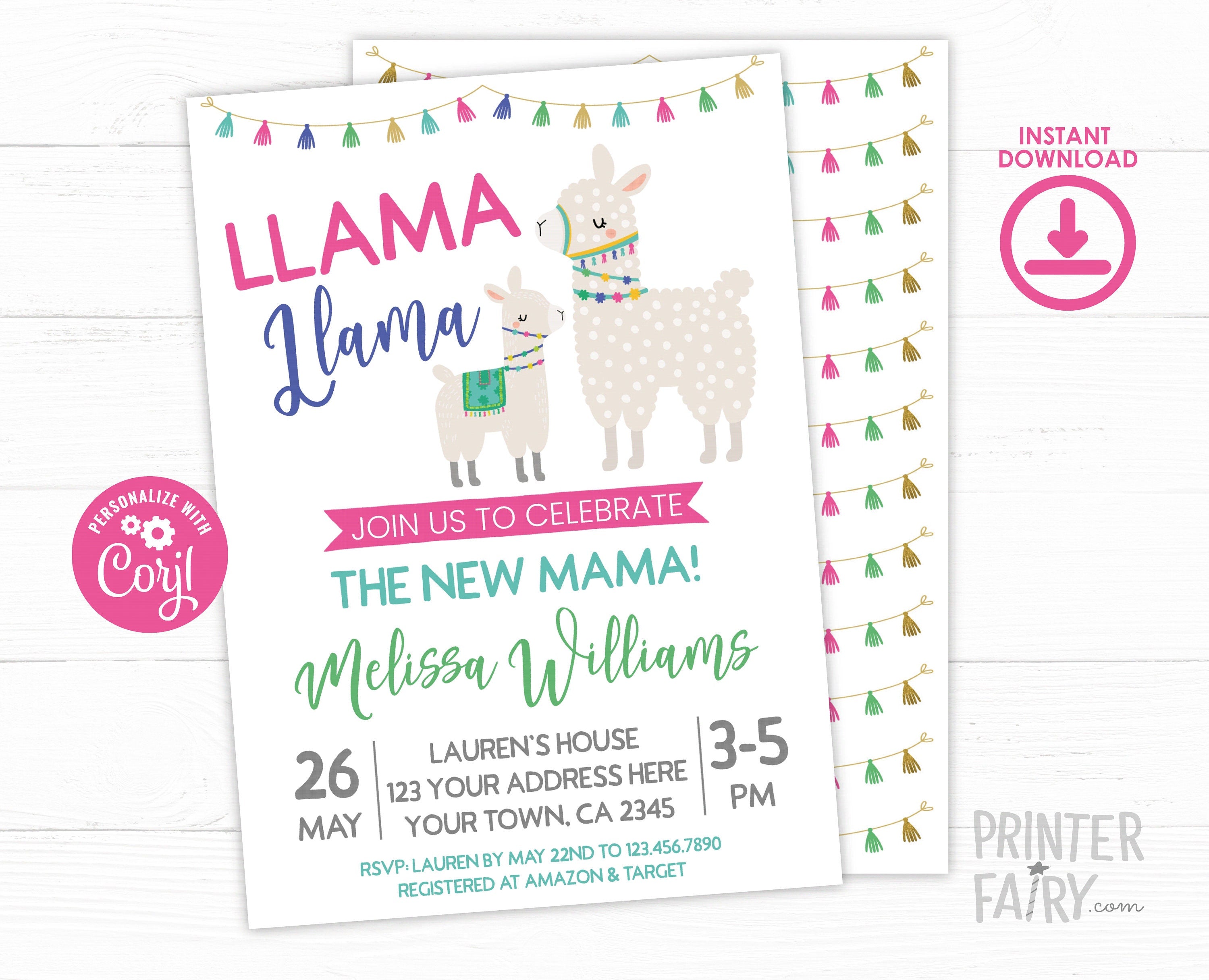 Llama Baby Shower Invitation Editable Template, Instant Download
