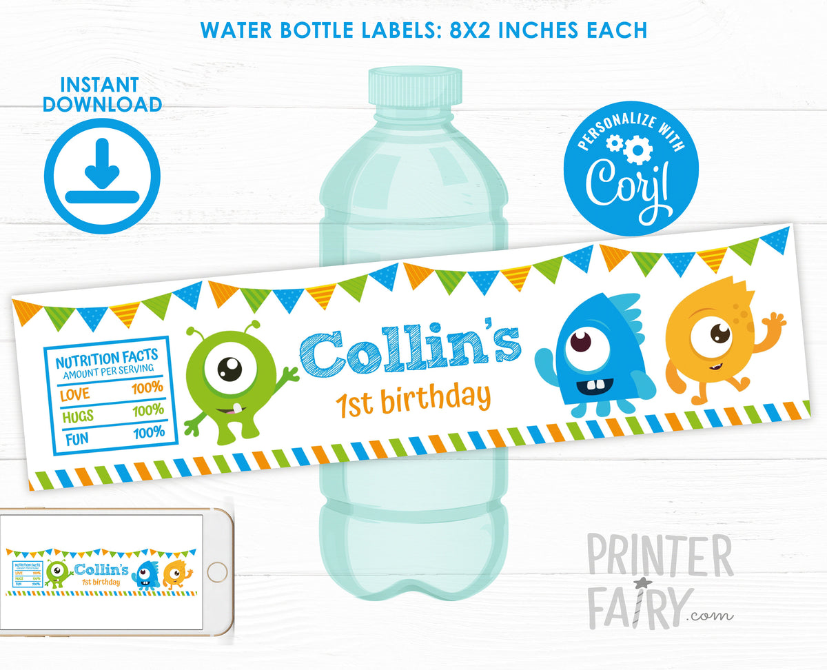 Little Monster Birthday Water Bottle Labels, EDITABLE (Digital Download)