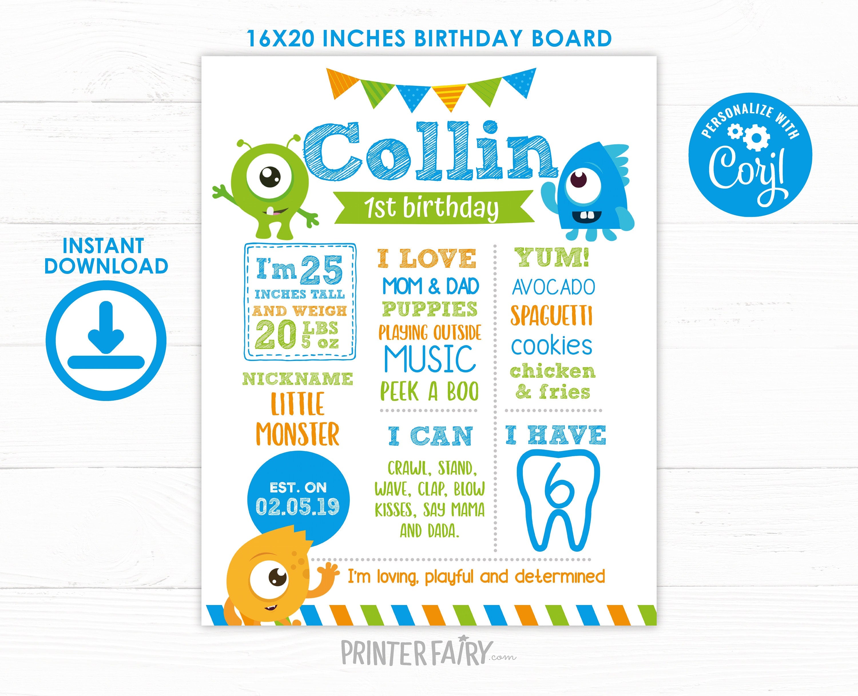 Little Monster 1st Birthday Milestone Board Editable Template (Instant Download)
