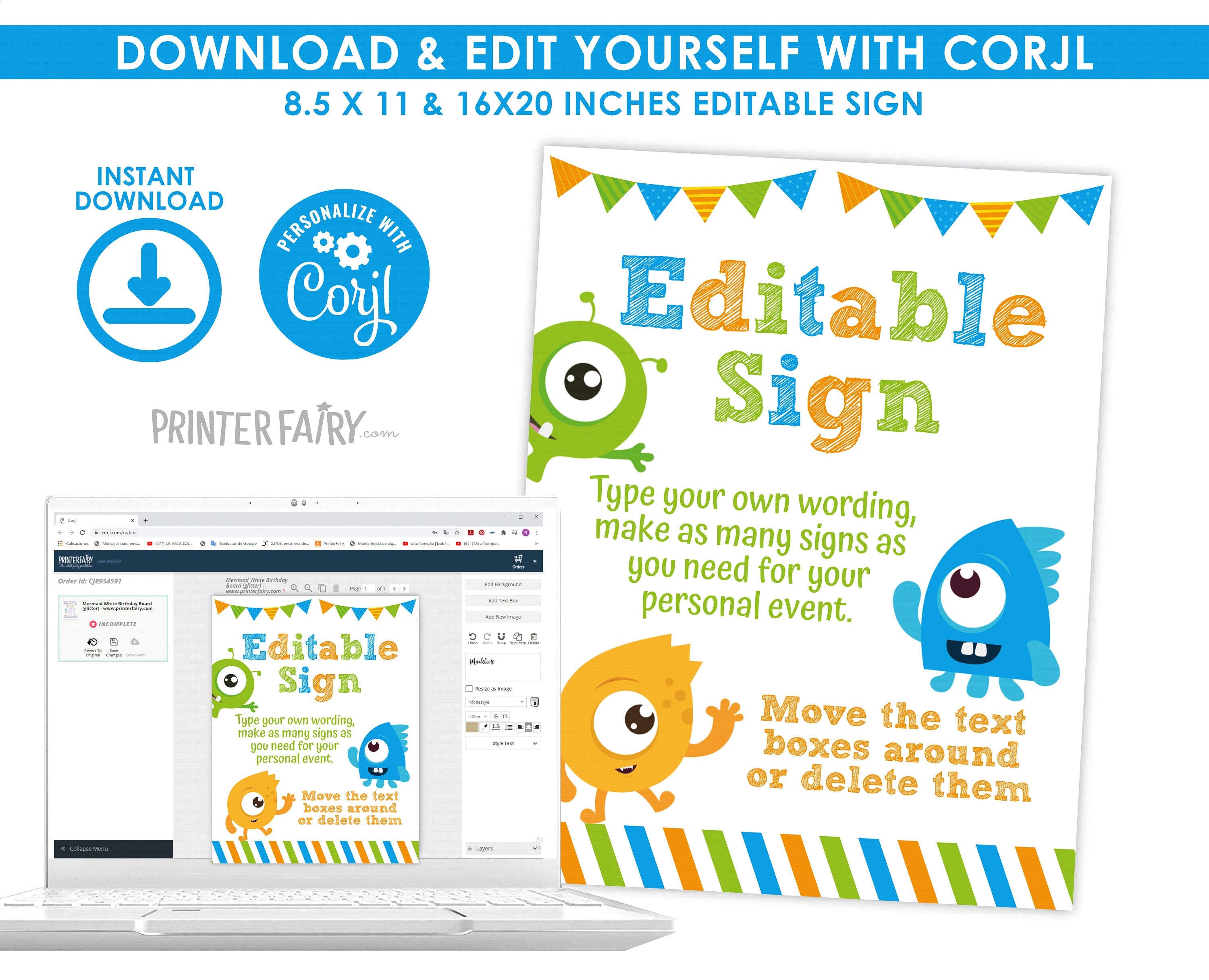 Little Monster Birthday Welcome Sign, EDITABLE (Digital Download)