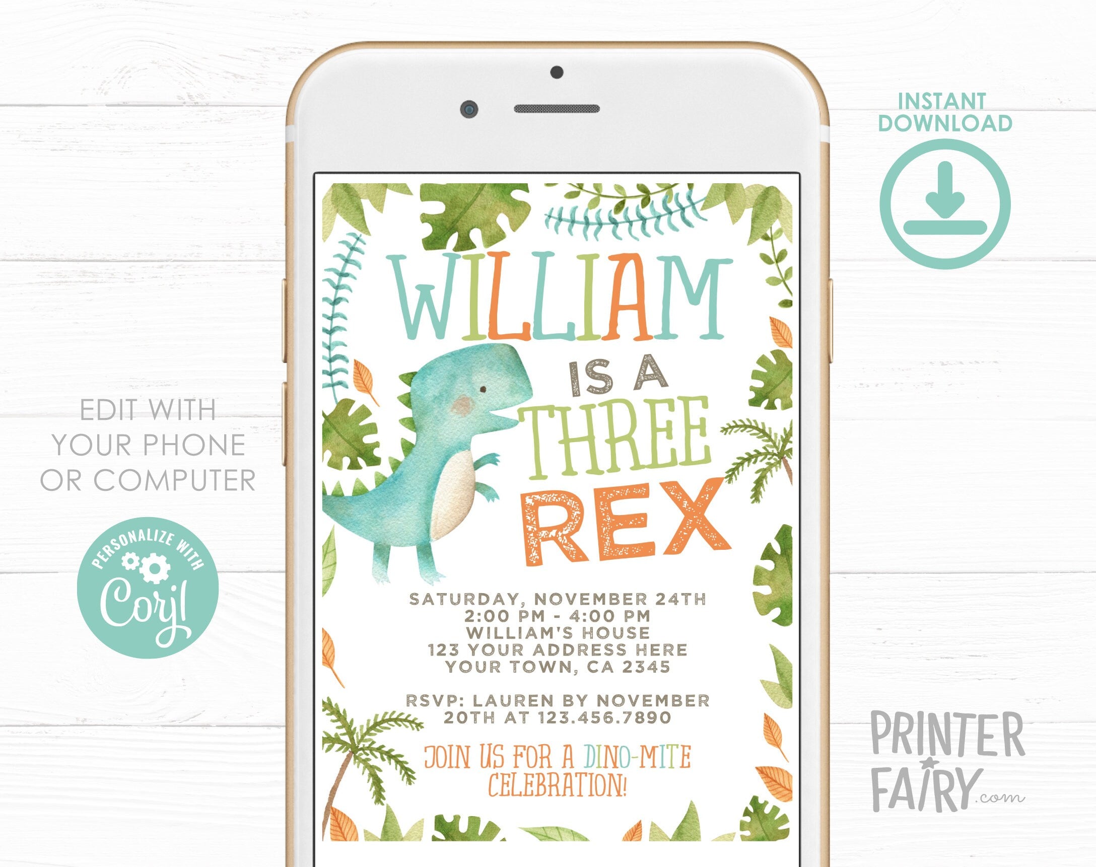Three Rex Birthday Invitation, Editable Dinosaur Party Invite (Digital Download)