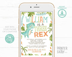 Three Rex Birthday Invitation, Editable Dinosaur Party Invite (Digital Download)