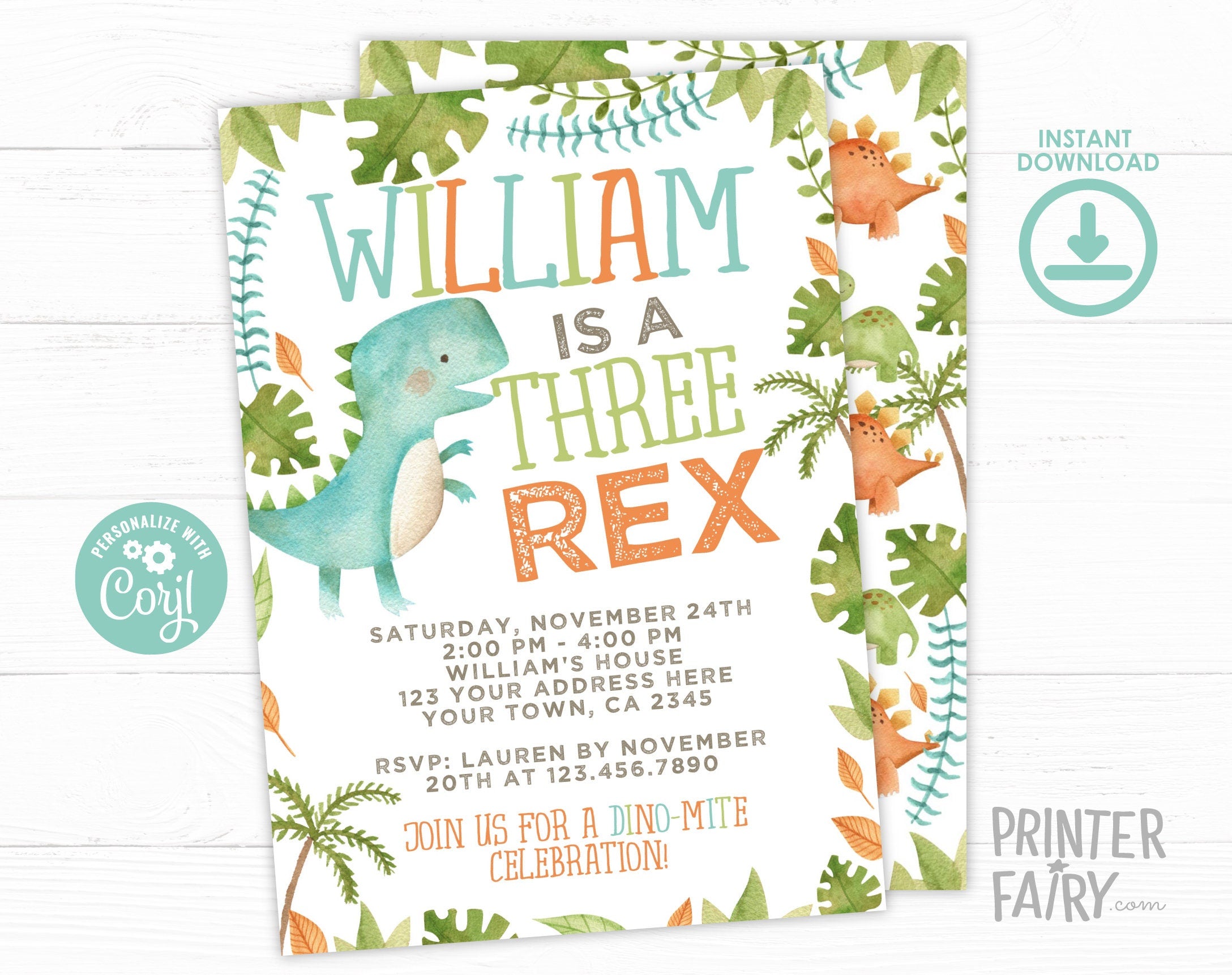 Three Rex Birthday Invitation, Editable Dinosaur Party Invite (Digital Download)