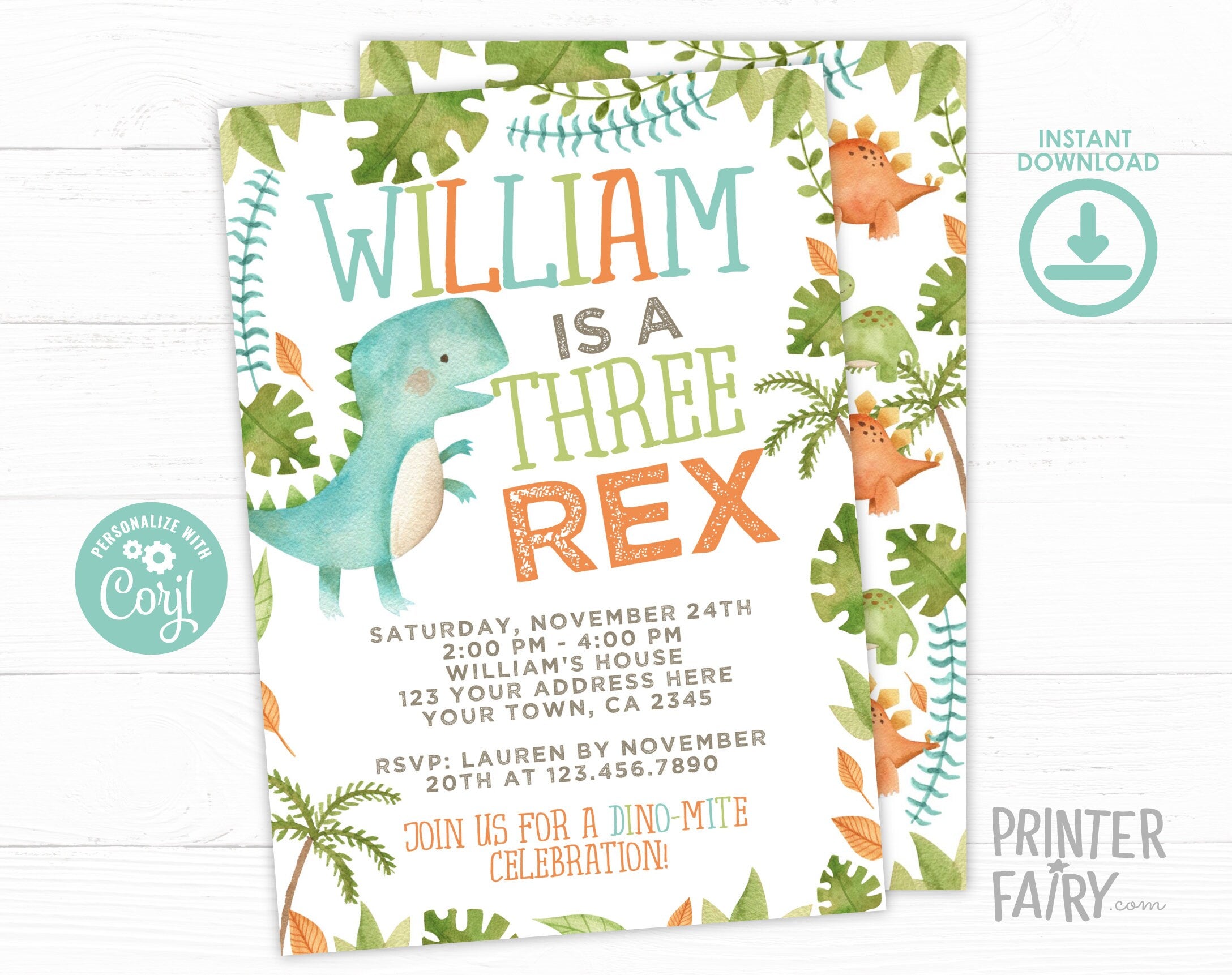 Three Rex Birthday Invitation, Editable Dinosaur Party Invite (Digital Download)