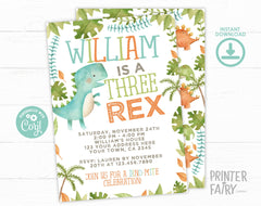 Three Rex Birthday Invitation, Editable Dinosaur Party Invite (Digital Download)