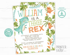 Three Rex Birthday Invitation, Editable Dinosaur Party Invite (Digital Download)