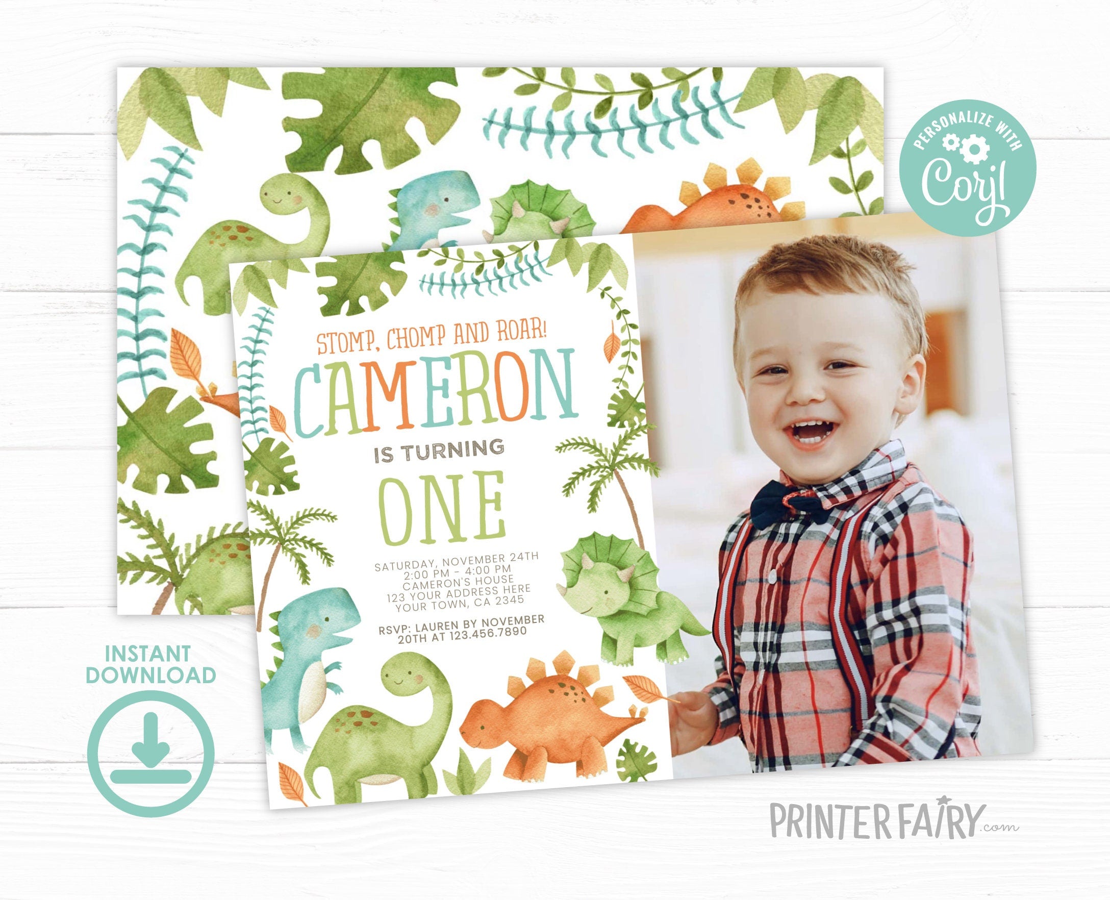 Editable Dinosaur Birthday Invitation with Photo (Digital Download)